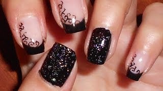 Nail art nero elegante con decoro effetto pizzo  glitter e pagliette  smalto e micropittura [upl. by Ycnan46]