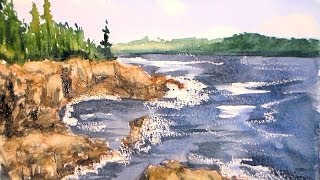 Coastal landscape one brush watercolor tutorail [upl. by Doralyn]