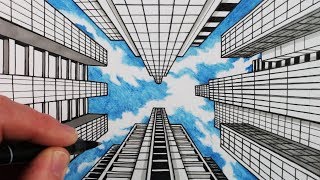 How to Draw 1Point Perspective Draw Buildings and Sky [upl. by Alurta787]