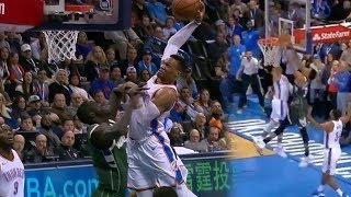 Russell Westbrook POSTERIZES Thon Maker Giannis INSANE GAME WINNING DUNK on Westbrook Bucks vs OK [upl. by Akcirred]