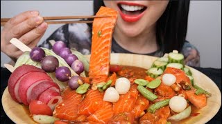 SUPER THICK CHUNKY RAW SPICY SALMON THAI STYLE ASMR EATING SOUNDS LIGHT WHISPERS  SASASMR [upl. by Eeslek777]