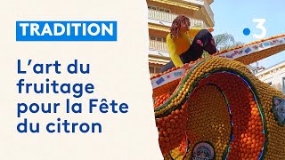 Le fruitage des chars de la fête du citron ou lart de parer les décors avant les défilés de Menton [upl. by Marguerie]