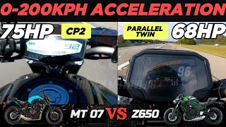 Yamaha MT07 🆚️ Kawasaki Z650  0200kph Acceleration  Top Speed Attempt 🔥 [upl. by Arihsay]