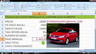 Cálculo en EXCEL la cuota del crédito automotriz 5 minutos planilla gratis [upl. by Rebmetpes872]