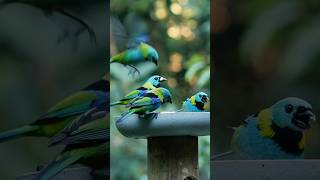 A flock of brightly colored birds is visiting the feeding stationGreenheaded Tanager birds [upl. by Deden754]