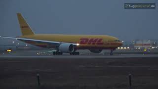 Boeing 777 freighter DHL Aerologic at Leipzig  Halle Airport LEJ Germany EDDP [upl. by Sutniuq]