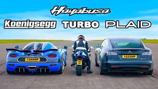 Koenigsegg v Tesla Plaid v Turbo Hayabusa DRAG RACE [upl. by Llorrad]