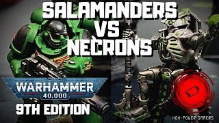 Warhammer 40000 Battle Report Salamanders vs Necrons 2000PTS 9TH EDTION CODEX DEBUT [upl. by Ellerey]