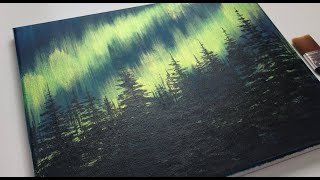 Acrylic Painting For Beginners  Northern Lights Forest  Aurora Acrylic Tutorial [upl. by Pembrook]