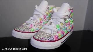 DIY KIDS RHINESTONE amp PEARL BLING CONVERSE SHOES HOW TO ADD EMBELLISHMENTS TO YOUR KIDS SHOES [upl. by Tsai]