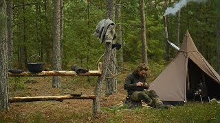 3 days solo bushcraft  stove canvas lavvu table and spoon making [upl. by Eniksre]