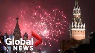 New Years 2022 Moscow Russia lights up sky with fireworks display over Red Square [upl. by Haas]