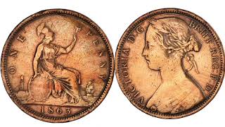 UK 1863 ONE PENNY COIN VALUE  REVIEW [upl. by Nnyltiac957]