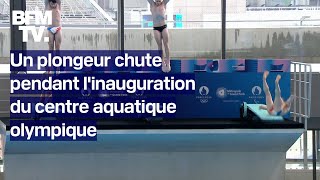 Un plongeur chute en pleine inauguration du centre aquatique olympique de SaintDenis [upl. by Oregolac]