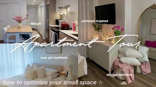 FURNISHED APARTMENT TOUR 485sqft 🎀🪞 how to decorate amp organize small space pinterest inspired [upl. by Urial]