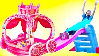 Wendy amp Liam Pretend Play with Princess Carriage Slide Inflatable Toy [upl. by Sirronal673]