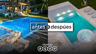 Antes y después de piscina con ACABADOS DE MÁRMOL  Albercas Aqua [upl. by Hyams]