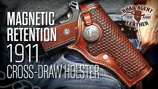 Making a quotMagnetic Leatherquot Retention 1911 Cross Draw Holster ASMR Leathercraft [upl. by Ynohtnaluap]