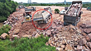 Recovery a Truck Fail Loading With Komatsu Bulldozer Pushing Stones Filling Make More Space [upl. by Jerrome]