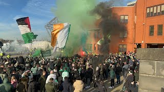 CRAZY SCENE  CELTIC TEAM BUS ARRIVING BEFORE THE CELTIC V MOTHERWELL GAME GREEN BRIDGE  BHOYS [upl. by Oiciruam]