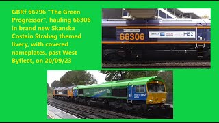 GBRf 66796 hauls newly painted 66306 with covered nameplates  West Byfleet 200923 [upl. by Colwin]