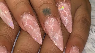 WATCH ME WORK Holographic Rose Quartz Nails  Easy Marble Nails  Hard Gel Nails [upl. by Dotson201]