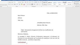 LETTRE  DEMANDE DE CHANGEMENT DE NOM sans rapport avec des liens de filiation [upl. by Ttoille]