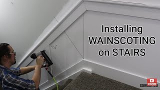 How To Layout Cut And Install Wainscoting On Stairs wainscoting miter bevel [upl. by Abbe618]