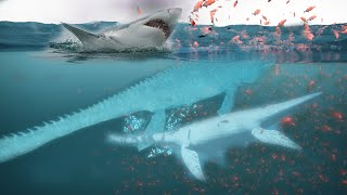 Great White Shark vs Mosasaurus Plesiosaur and Ocean Tuna [upl. by Drofnelg163]