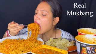 Real Mukbang Eating Spicy Korean Kimchi Fire Noodles Chicken Momos Schezwan Noodles Eating Vlog [upl. by Consolata]