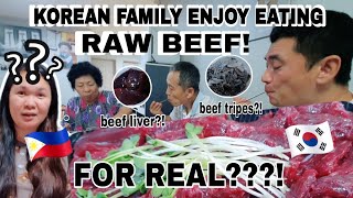 KOREAN FAMILY ENJOYS EATING RAW BEEF  LIVER amp TRIPE ME😲 FILIPINO FOOD BY bisayangkoreanavlog [upl. by Otreblig]