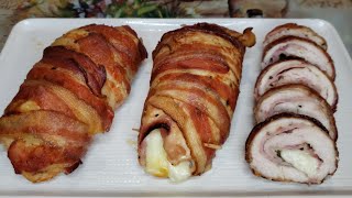 Pechuga de Pollo Rellena de Jamón y Queso y Envuelto en Tocino receta fácil [upl. by Aisyle106]