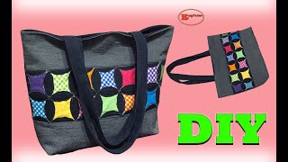 MAKING TOTE BAG WITH CIRCLES SHAPES TUTORIAL  PATCHWORK TOTE BAG SEWING [upl. by Zoarah]