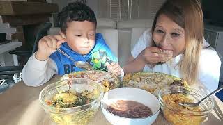 Nepalese food eating with grandson खोले साग र आलमुलाको थेबेराज्माको दालकुखुराकोमासुबास्मती चामल [upl. by Sordnaxela828]