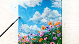 Easy Colourful Flower Field Acrylic Painting with Clouds in the Blue Sky  Spring painting idea [upl. by Marcela]