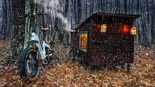 WINTER IN A BIKE CAMPER with a WOOD STOVE [upl. by Dlarej]