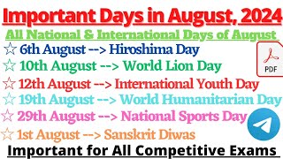 Important Days of August 2024  National amp International Days of August 2024 Important Days of 2024 [upl. by Lrak]