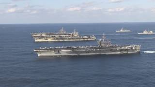 US Navy Three Carrier Formation in Western Pacific Ocean [upl. by Ehsiom]