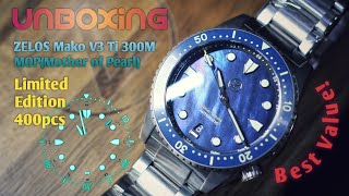 Unboxing ZELOS Mako V3 Titanium 300M MOP Watch  Special Dial  Light Weight [upl. by Sontich]