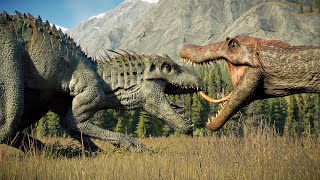 SPINOSAURUS vs INDOMINUS REX vs ACROCANTHOSAURUS  Jurassic World Evolution 2 [upl. by Jo Ann]