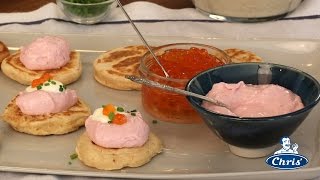 Mini whole meal pikelets with caviar and sour cream [upl. by Blackmore]