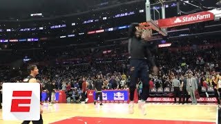 LeBron James teases what his dunk contest might look like during pregame warmups  ESPN [upl. by Oicram]