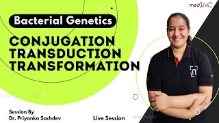 Bacterial Genetics  Conjugation  Transduction  Transformation  MedLive by Dr Priyanka Sachdev [upl. by Prebo617]