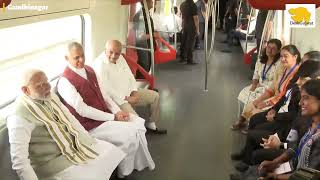 PM Modi takes ride on Ahmedabad – Gandhinagar Metro Rail service after launching it [upl. by Krystyna]