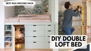 DIY Double Loft Bed with Hidden Hideout  Ikea Dresser Hack [upl. by Airrej]