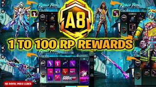 A8 ROYAL PASS  1 TO 100 RP REWARDS  ACE 8 ROYAL PASS LEAKS  A8 ROYAL PASS PUBG MOBILEBGMI 🔥 [upl. by Gerladina40]