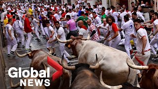 Spains Pamplona bull run returns in full force after 2year COVID hiatus [upl. by Leavy201]