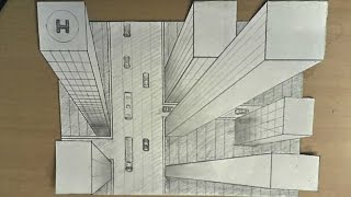 How to draw  one point perspective 3d illusion highrise buildings [upl. by Zurek283]