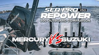 Mercury VS Suzuki 300 Sea Pro 250 Bay Boat Repower Outboard Engine Comparison Water Test and Results [upl. by Hnahym]