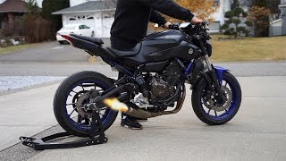 Yamaha MT07 Akrapovic Cold start  Revs  Fly by LOUD [upl. by Noelc]